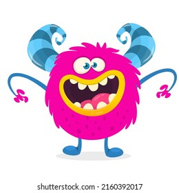 Funny cartoon smiling monster creature. Halloween Illustration of happy alien character. Package or logo design. Vector isolated