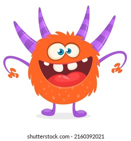 Funny cartoon smiling monster creature. Halloween Illustration of happy alien character. Package or logo design. Vector isolated