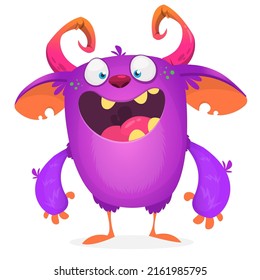 Funny cartoon smiling monster creature. Halloween Illustration of happy alien character. Package or logo design. Vector isolated