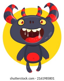 Funny cartoon smiling monster creature. Halloween Illustration of happy alien character. Package or logo design. Vector isolated