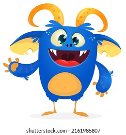 Funny cartoon smiling monster creature. Halloween Illustration of happy alien character. Package or logo design. Vector isolated