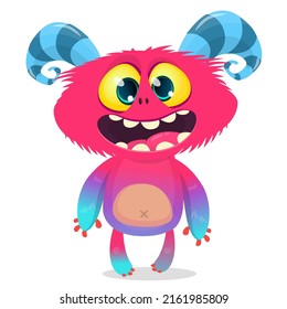 Funny cartoon smiling monster creature. Halloween Illustration of happy alien character. Package or logo design. Vector isolated