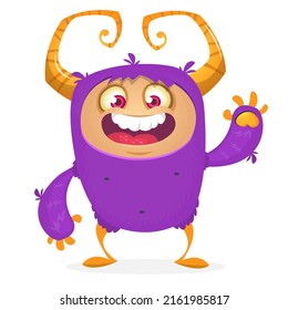 Funny cartoon smiling monster creature. Halloween Illustration of happy alien character. Package or logo design. Vector isolated