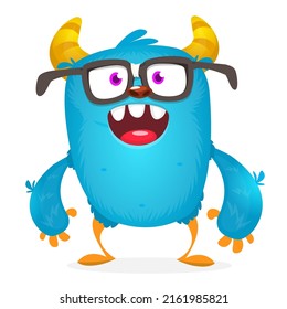 Funny cartoon smiling monster creature. Halloween Illustration of happy alien character. Package or logo design. Vector isolated