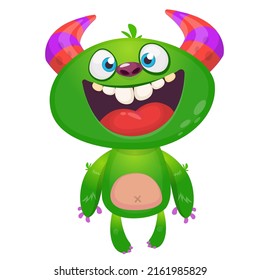 Funny cartoon smiling monster creature. Halloween Illustration of happy alien character. Package or logo design. Vector isolated