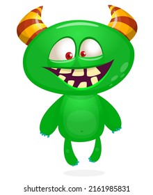 Funny cartoon smiling monster creature. Halloween Illustration of happy alien character. Package or logo design. Vector isolated