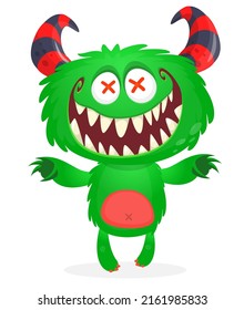 Funny cartoon smiling monster creature. Halloween Illustration of happy alien character. Package or logo design. Vector isolated