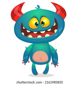 Funny cartoon smiling monster creature. Halloween Illustration of happy alien character. Package or logo design. Vector isolated