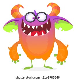 Funny cartoon smiling monster creature. Halloween Illustration of happy alien character. Package or logo design. Vector isolated