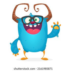 Funny cartoon smiling monster creature. Halloween Illustration of happy alien character. Package or logo design. Vector isolated