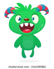 Funny cartoon smiling monster creature. Halloween Illustration of happy alien character. Package or logo design. Vector isolated