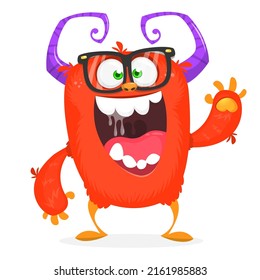 Funny cartoon smiling monster creature. Halloween Illustration of happy alien character. Package or logo design. Vector isolated