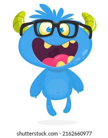 Funny cartoon smiling monster creature. Halloween Illustration of happy alien character. Package or logo design. Vector isolated