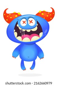 Funny cartoon smiling monster creature. Halloween Illustration of happy alien character. Package or logo design. Vector isolated