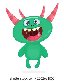 Funny cartoon smiling monster creature. Halloween Illustration of happy alien character. Package or logo design. Vector isolated