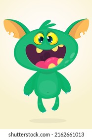 Funny cartoon smiling monster creature. Halloween Illustration of happy alien character. Package or logo design. Vector isolated