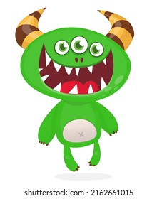 Funny cartoon smiling monster creature. Halloween Illustration of happy alien character. Package or logo design. Vector isolated