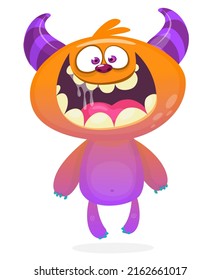 Funny cartoon smiling monster creature. Halloween Illustration of happy alien character. Package or logo design. Vector isolated