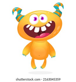 Funny cartoon smiling monster creature. Halloween Illustration of happy alien character. Package or logo design. Vector isolated