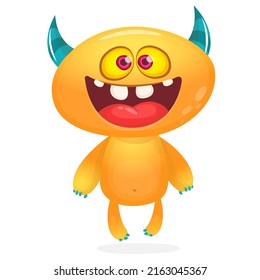 Funny cartoon smiling monster creature. Halloween Illustration of happy alien character. Package or logo design. Vector isolated