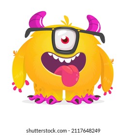 Funny cartoon smiling monster cyclops with one eye. Halloween Illustration of happy alien creature. Vector isolated