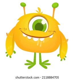 Funny cartoon smiling monster cyclops. Halloween Illustration of happy alien creature. Package or logo design. Vector isolated