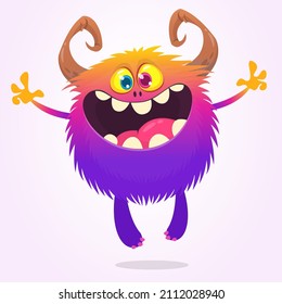 Funny cartoon smiling monster dancing. Halloween Illustration of happy alien creature. Package or logo design. Vector isolated