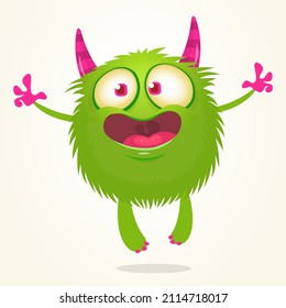 Funny cartoon smiling monster dancing. Halloween Illustration of happy alien creature. Package or logo design. Vector isolated