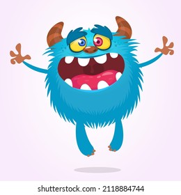 Funny cartoon smiling monster dancing. Halloween Illustration of happy alien creature. Package or logo design. Vector isolated
