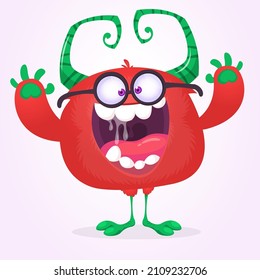 Funny cartoon smiling monster with eyeglasses. Halloween Illustration of happy alien creature. Package or logo design. Vector isolated