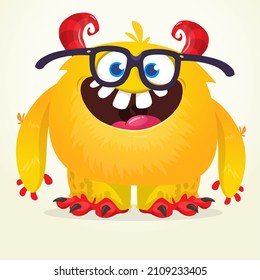 Funny cartoon smiling monster with eyeglasses. Halloween Illustration of happy alien creature. Package or logo design. Vector isolated