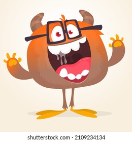Funny cartoon smiling monster with eyeglasses. Halloween Illustration of happy alien creature. Package or logo design. Vector isolated