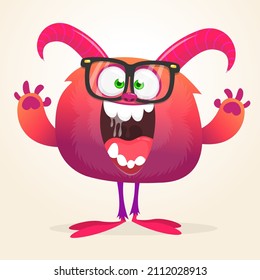 Funny cartoon smiling monster with eyeglasses. Halloween Illustration of happy alien creature. Package or logo design. Vector isolated