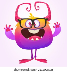 Funny cartoon smiling monster with eyeglasses. Halloween Illustration of happy alien creature. Package or logo design. Vector isolated