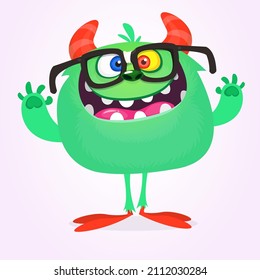 Funny cartoon smiling monster with eyeglasses. Halloween Illustration of happy alien creature. Package or logo design. Vector isolated