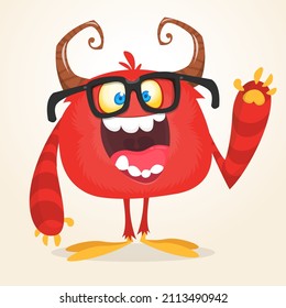 Funny cartoon smiling monster with eyeglasses. Halloween Illustration of happy alien creature. Package or logo design. Vector isolated