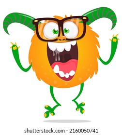 Funny cartoon smiling monster with eyeglasses. Halloween Illustration of happy alien dancing. Vector isolated