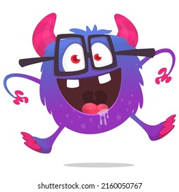 Funny cartoon smiling monster with eyeglasses. Halloween Illustration of happy alien dancing. Vector isolated