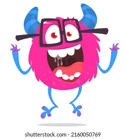 Funny cartoon smiling monster with eyeglasses. Halloween Illustration of happy alien dancing. Vector isolated
