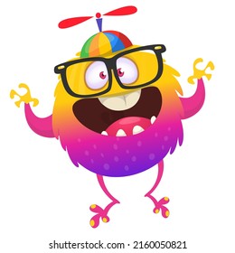 Funny cartoon smiling monster with eyeglasses. Halloween Illustration of happy alien dancing. Vector isolated