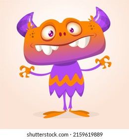 Funny cartoon smiling monster gives hug. Halloween Illustration of happy alien character. Package or logo design. Vector isolated