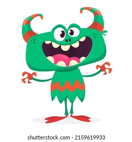 Funny cartoon smiling monster gives hug. Halloween Illustration of happy alien character. Package or logo design. Vector isolated