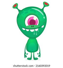 Funny cartoon smiling monster with one big eye. Halloween Illustration of happy alien character. Package or logo design. Vector isolated