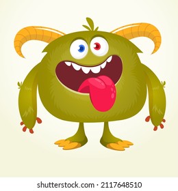 Funny cartoon smiling monster showing tongue. Halloween Illustration of happy alien creature. Package or logo design. Vector isolated