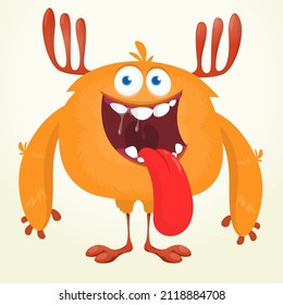 Funny cartoon smiling monster showing tongue. Halloween Illustration of happy alien creature. Package or logo design. Vector isolated