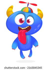 Funny cartoon smiling monster showing tongue. Halloween Illustration of happy alien character. Package or logo design. Vector isolated