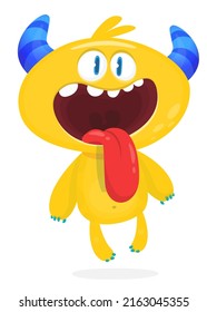 Funny cartoon smiling monster showing tongue. Halloween Illustration of happy alien character. Package or logo design. Vector isolated