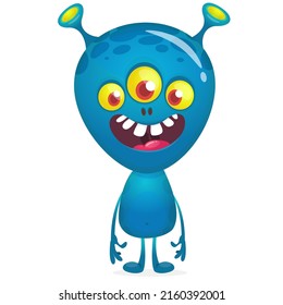 Funny cartoon smiling monster with three eyes. Halloween Illustration of happy alien character. Package or logo design. Vector isolated