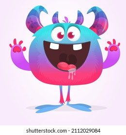 Funny cartoon smiling monster waving hands. Halloween Illustration of happy alien creature. Package or logo design. Vector isolated