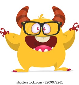 Funny cartoon smiling monster wearing eyeglasses. Halloween Illustration of cute alien. Vector isolated